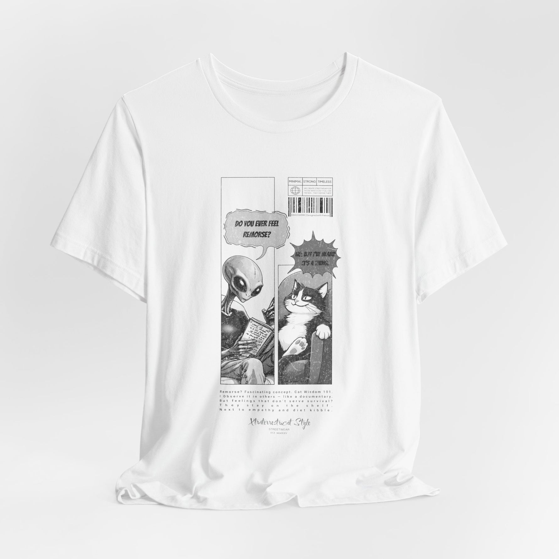 The FEEL REMORSE? t-shirt in white — 3D mockup, clean white canvas for the artwork, no background, no model.