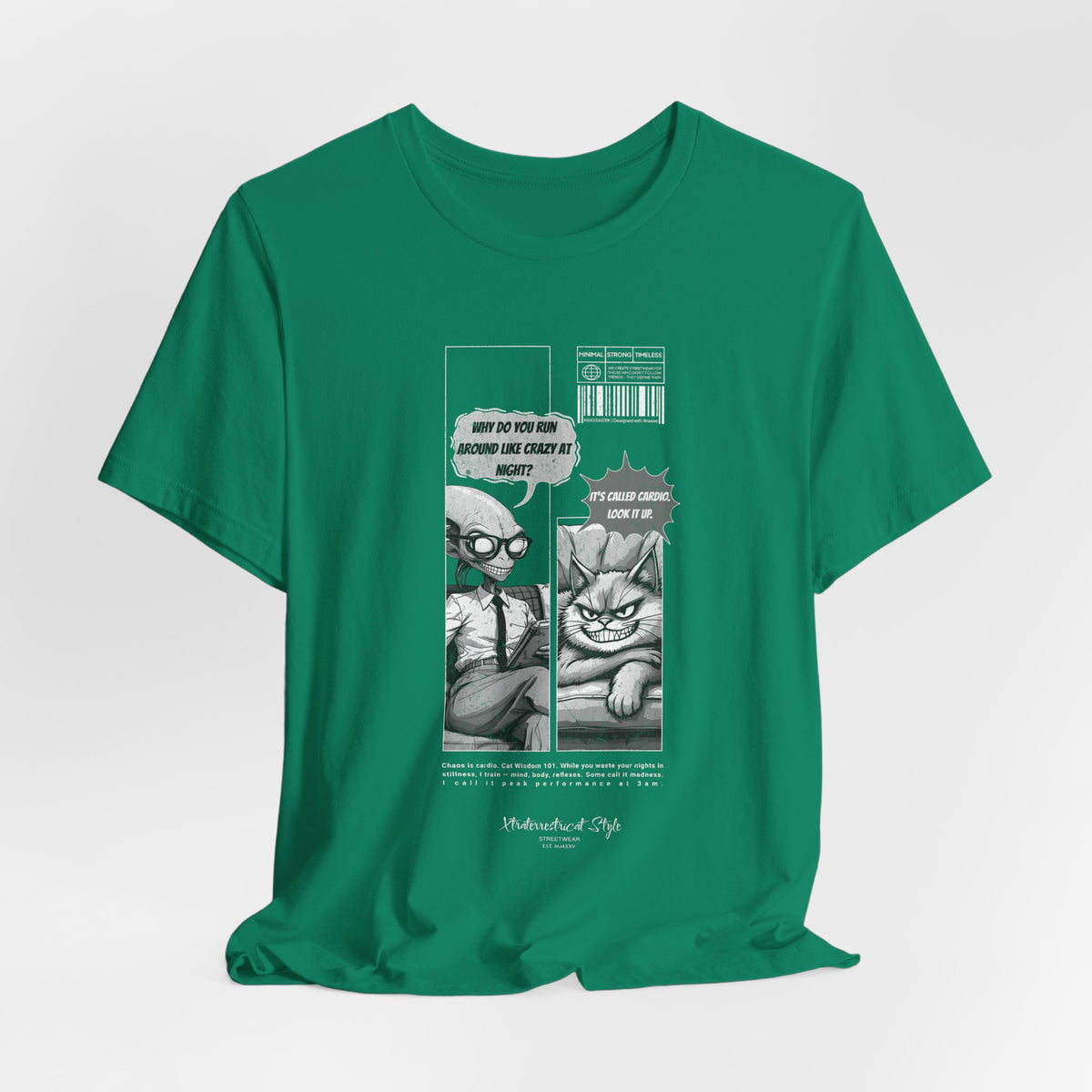 The CARDIO t-shirt in Kelly — 3D render of the bright green Kelly color with comic design centered. Backgroundless, no model.