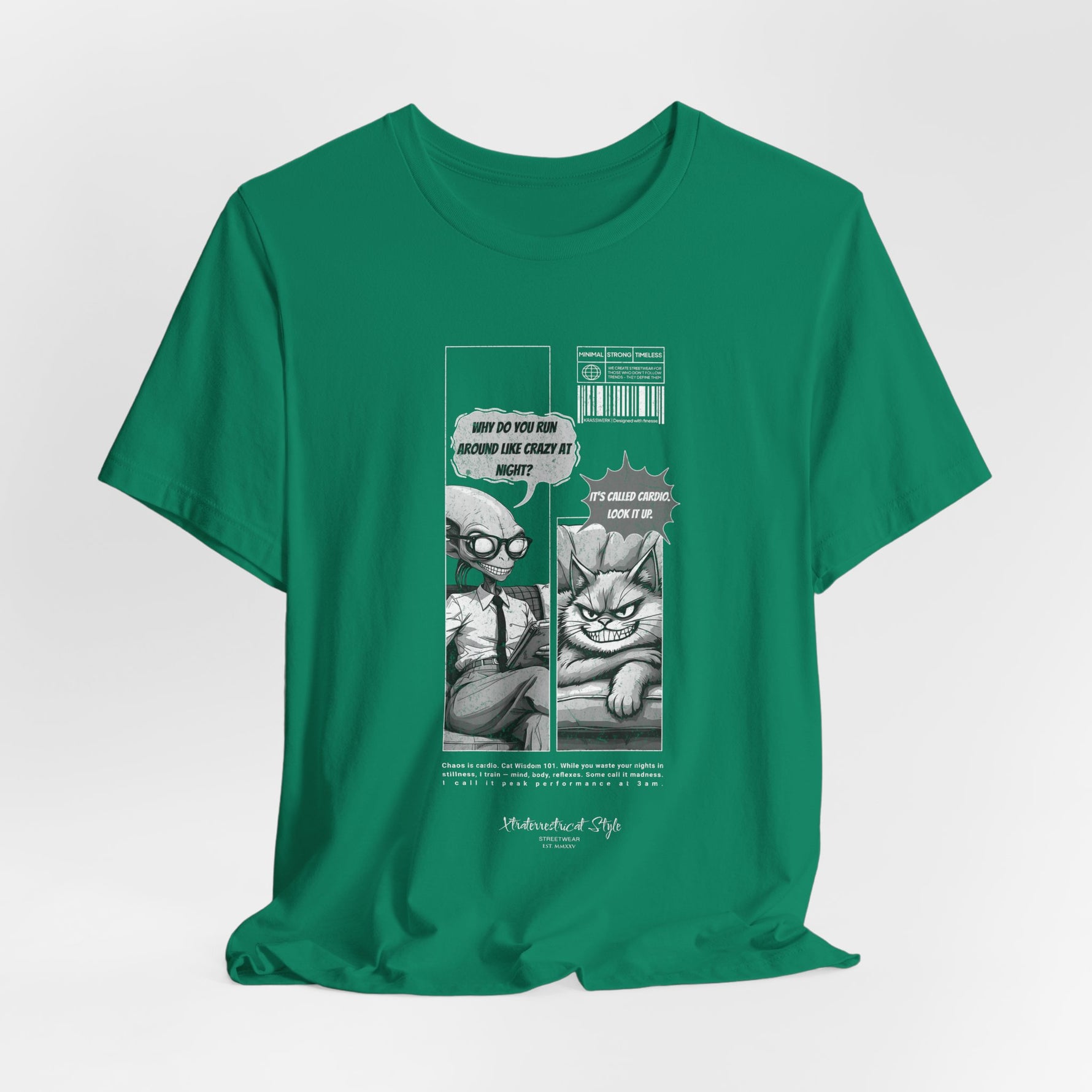 The CARDIO t-shirt in Kelly — 3D render of the bright green Kelly color with comic design centered. Backgroundless, no model.
