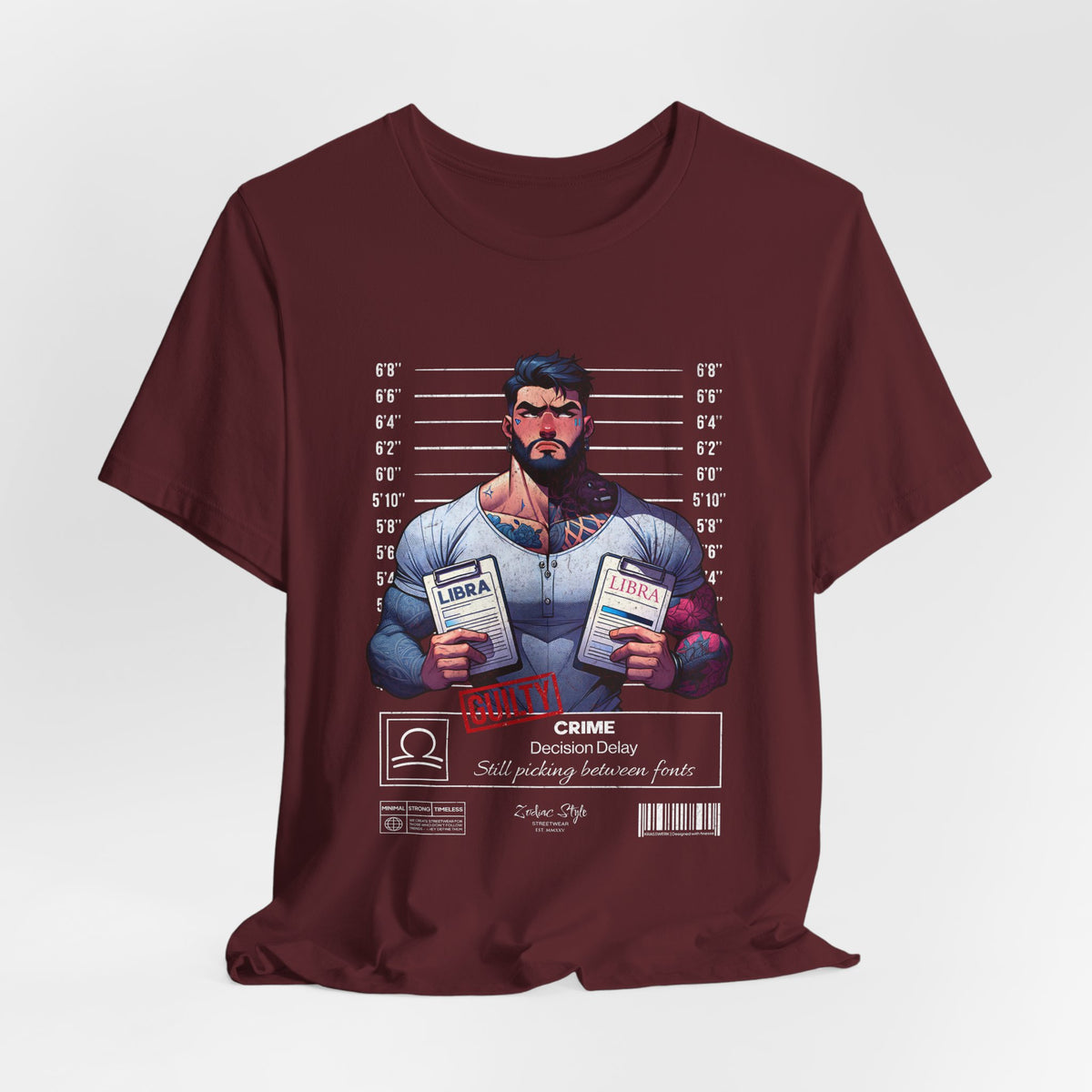 3D mockup of the LIBRA t-shirt in Maroon — rich burgundy shade. NO BACKGROUND. NO MODEL.