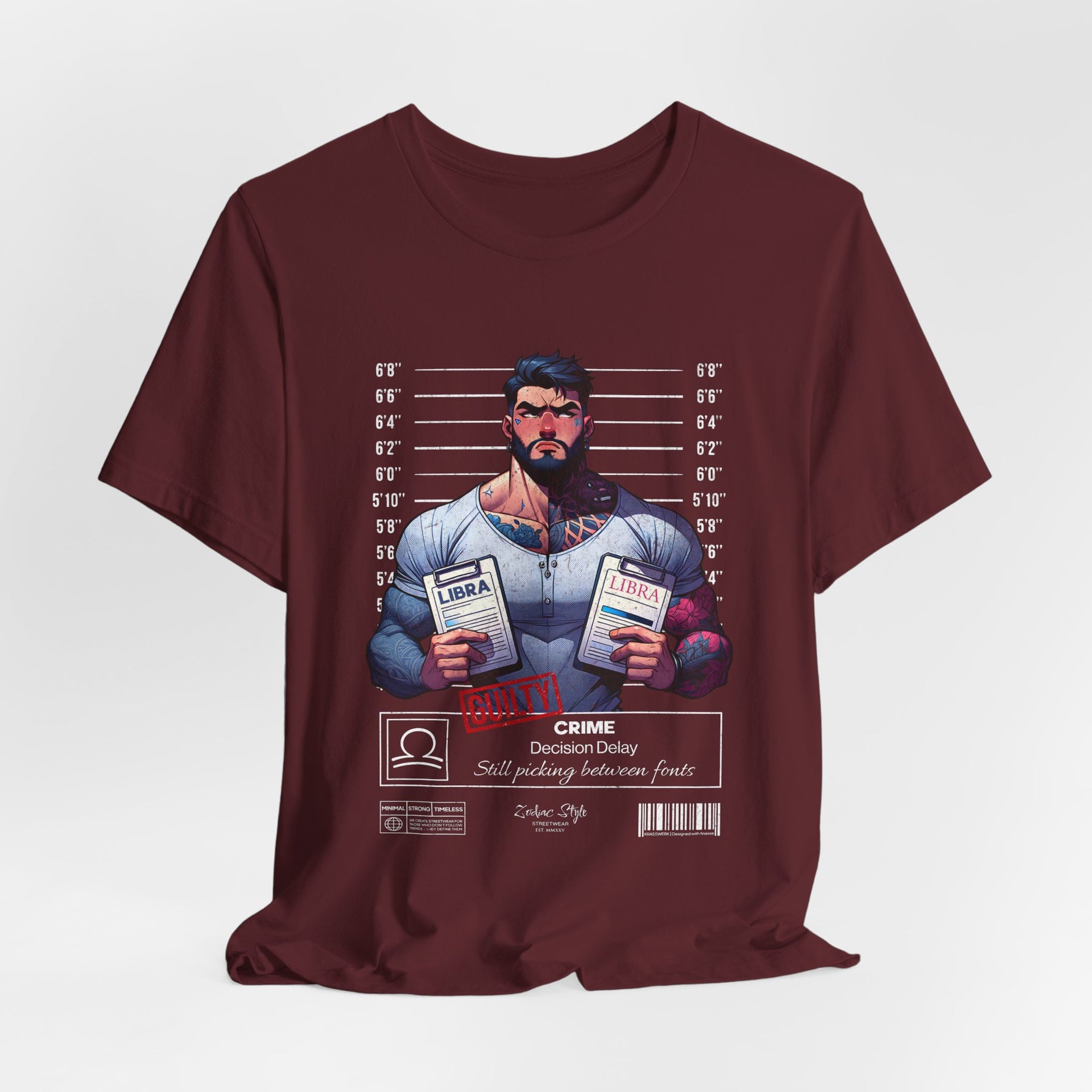 3D mockup of the LIBRA t-shirt in Maroon — rich burgundy shade. NO BACKGROUND. NO MODEL.