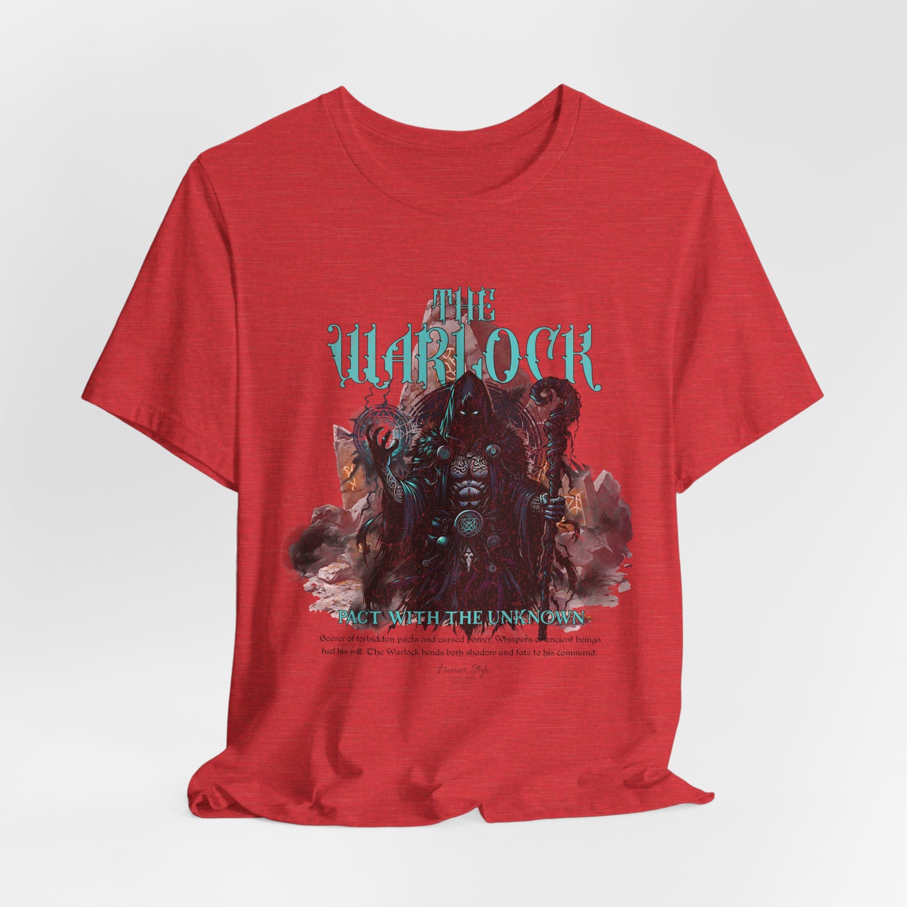 The Warlock t-shirt in Heather Red — Blood rites written in crimson intent.