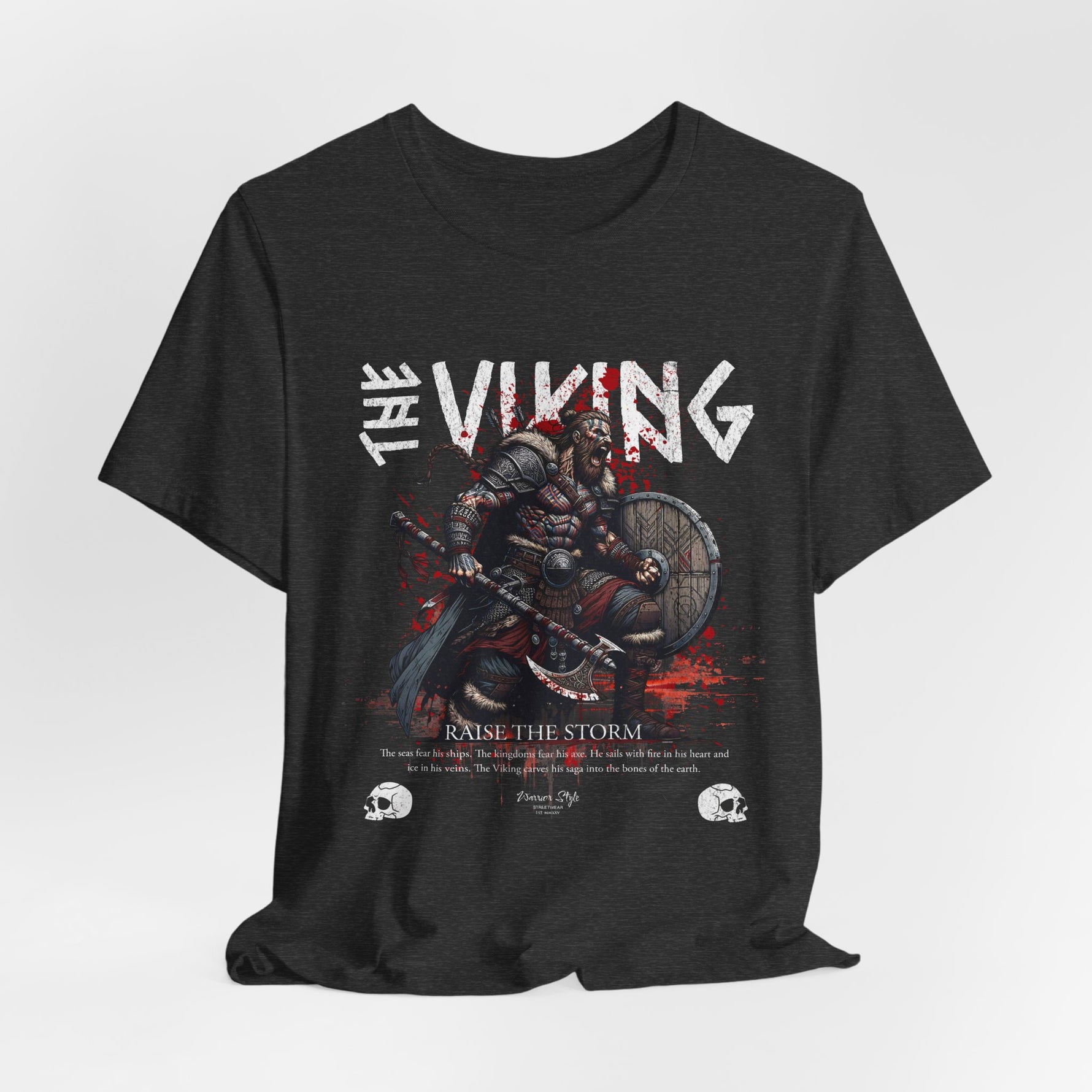 The VIKING t-shirt in Dark Heather Grey — Grit and ash of battlefield remains, steady and scarred.