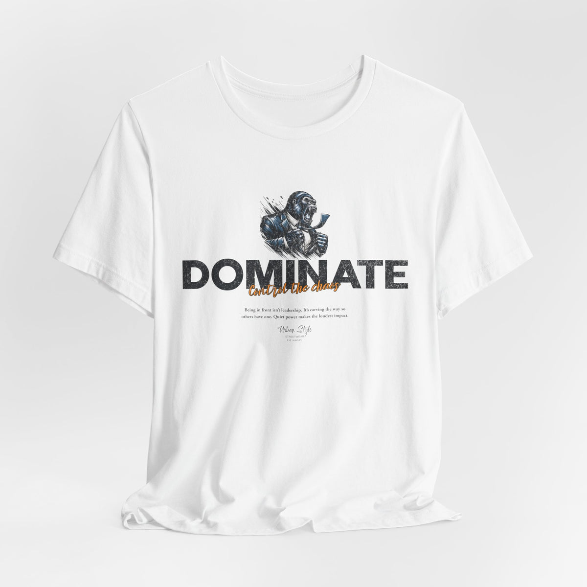 DOMINATE t-shirt in White — Clean lines, sharp mind — no resistance needed.