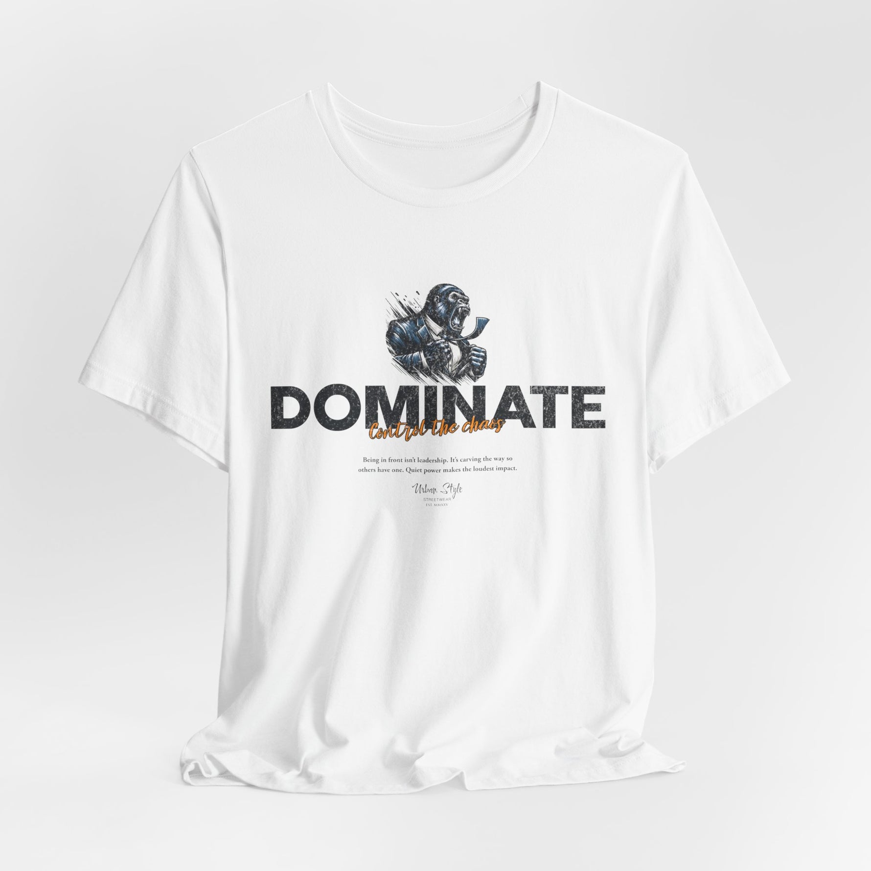 DOMINATE t-shirt in White — Clean lines, sharp mind — no resistance needed.