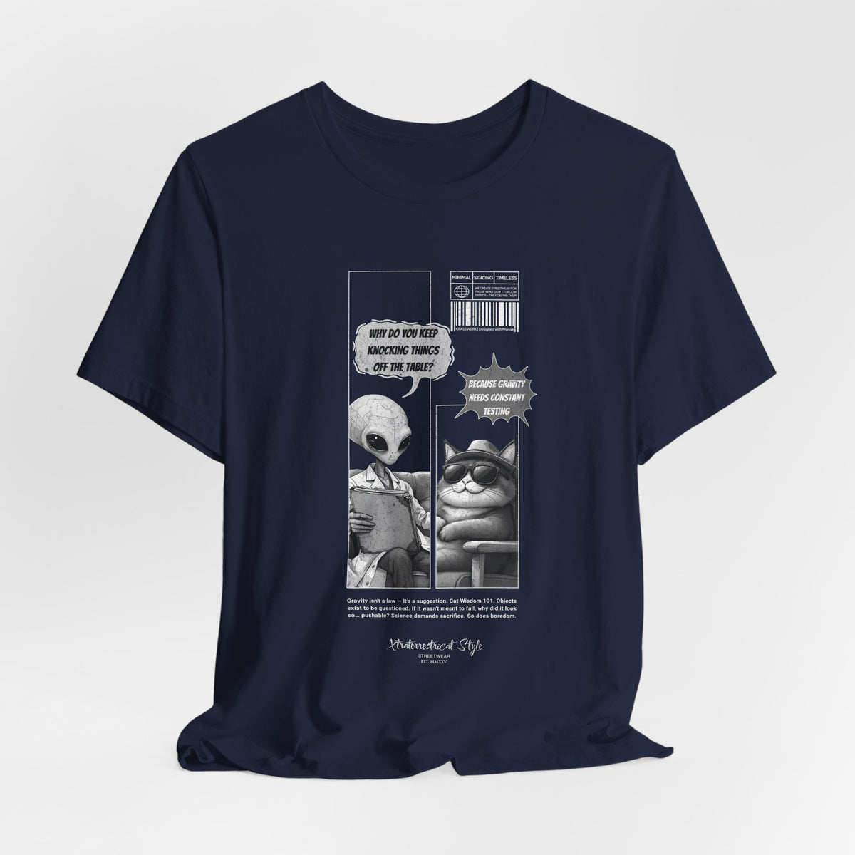 The GRAVITY t-shirt in Navy — 3D mockup of the shirt in deep navy blue, comic artwork clearly shown. No surrounding elements or model.
