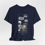 The GRAVITY t-shirt in Navy — 3D mockup of the shirt in deep navy blue, comic artwork clearly shown. No surrounding elements or model.