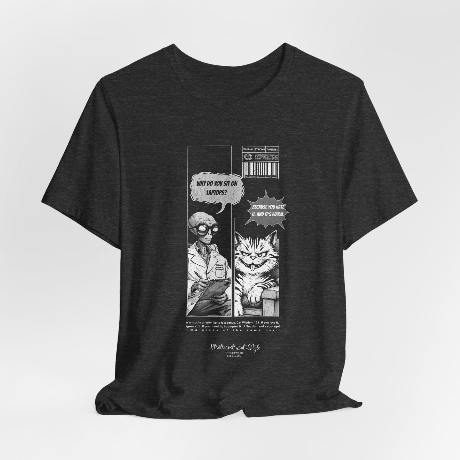 The SITONLAPTOPS t-shirt in Dark Heather Grey — 3D mockup on a charcoal heather shirt, no model, no background. Design stands out with balance.
