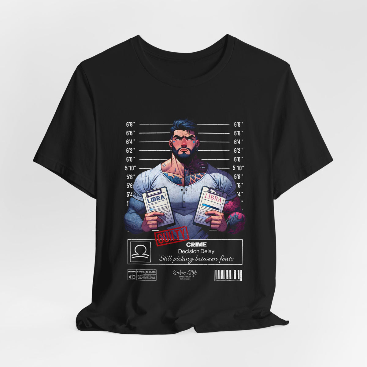 3D mockup of the LIBRA t-shirt in Black — solid deep black. NO BACKGROUND. NO MODEL.