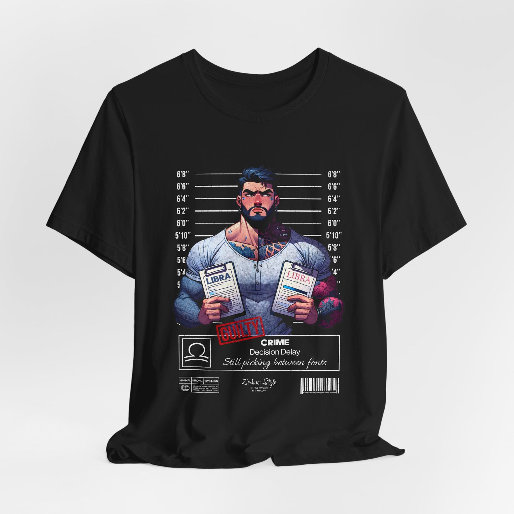 3D mockup of the LIBRA t-shirt in Black — solid deep black. NO BACKGROUND. NO MODEL.