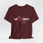 The PROJECT UNCLASSIFIED t-shirt in maroon — 3D mockup of shirt in deep maroon red, no background, no model.