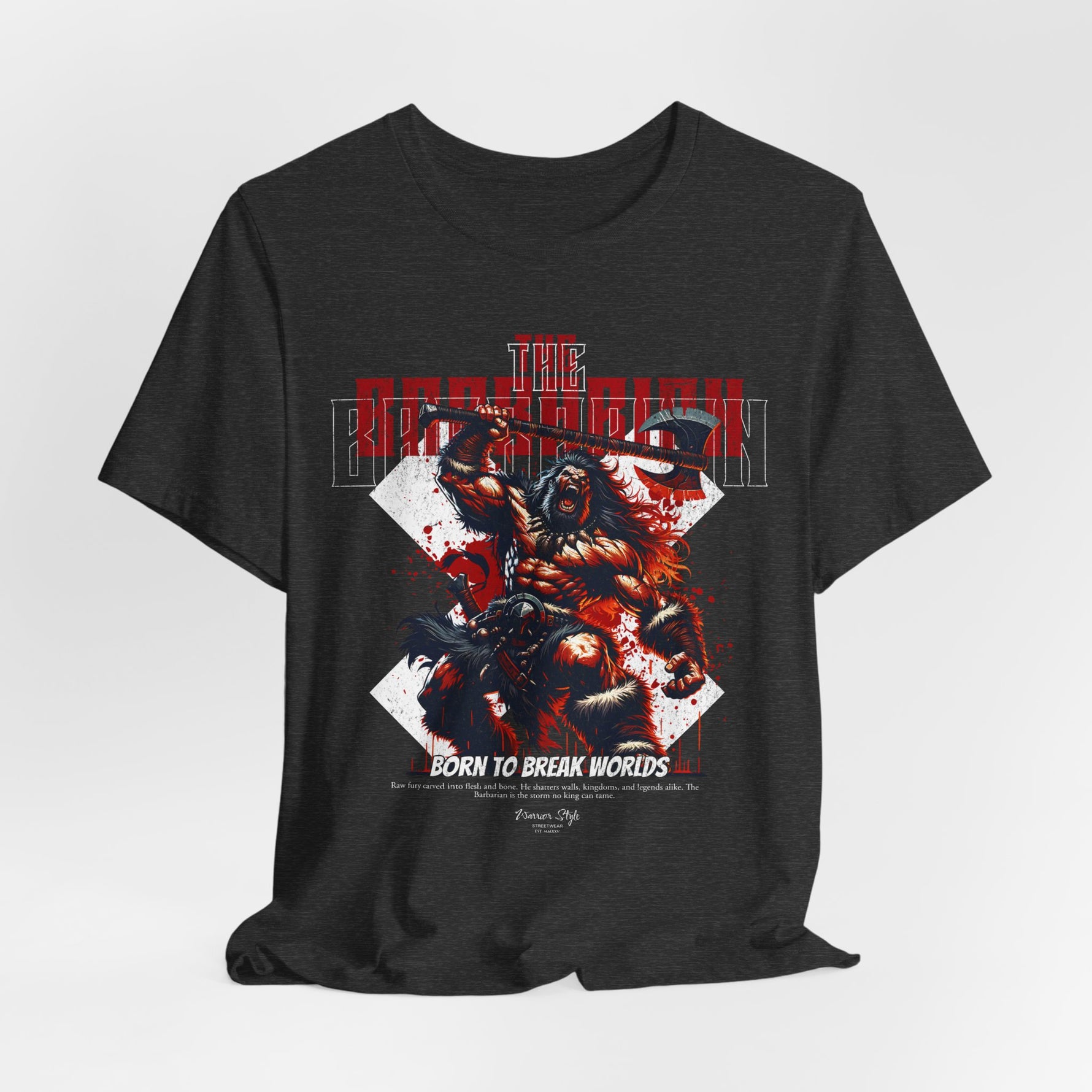 The BARBARIAN t-shirt in Dark Heather Grey — Untamed force in the shadows of stone.