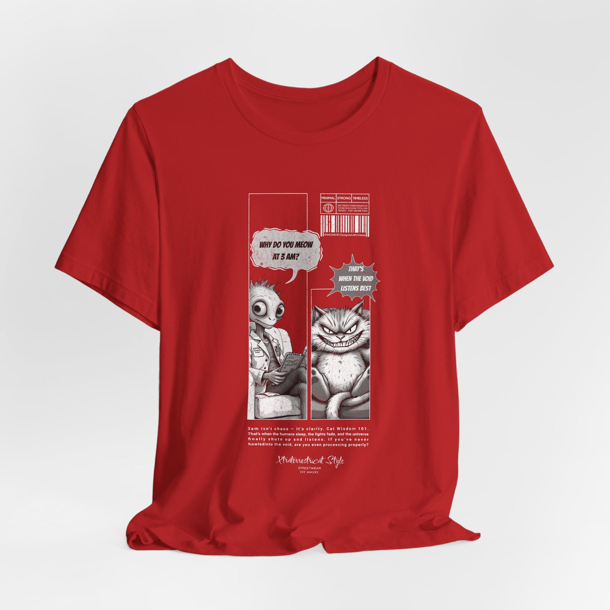 The MEOW 3AM t-shirt in Red — 3D mockup with a vivid red color shirt, no model or environment.