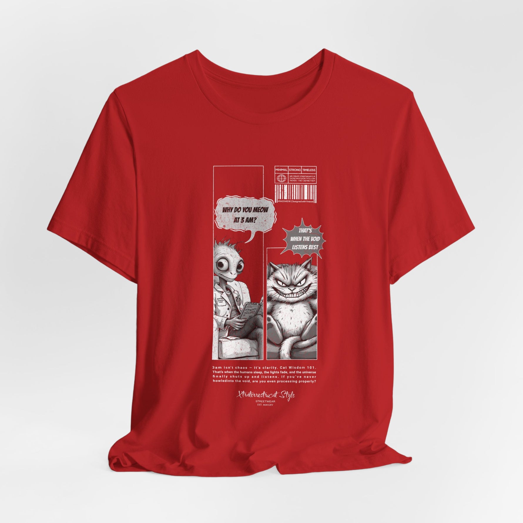 The MEOW 3AM t-shirt in Red — 3D mockup with a vivid red color shirt, no model or environment.
