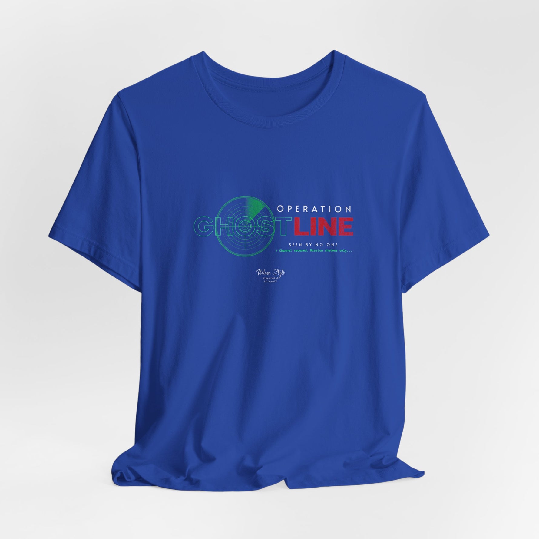 The OPERATION GHOSTLINE t-shirt in true royal — echoing in encrypted silence.