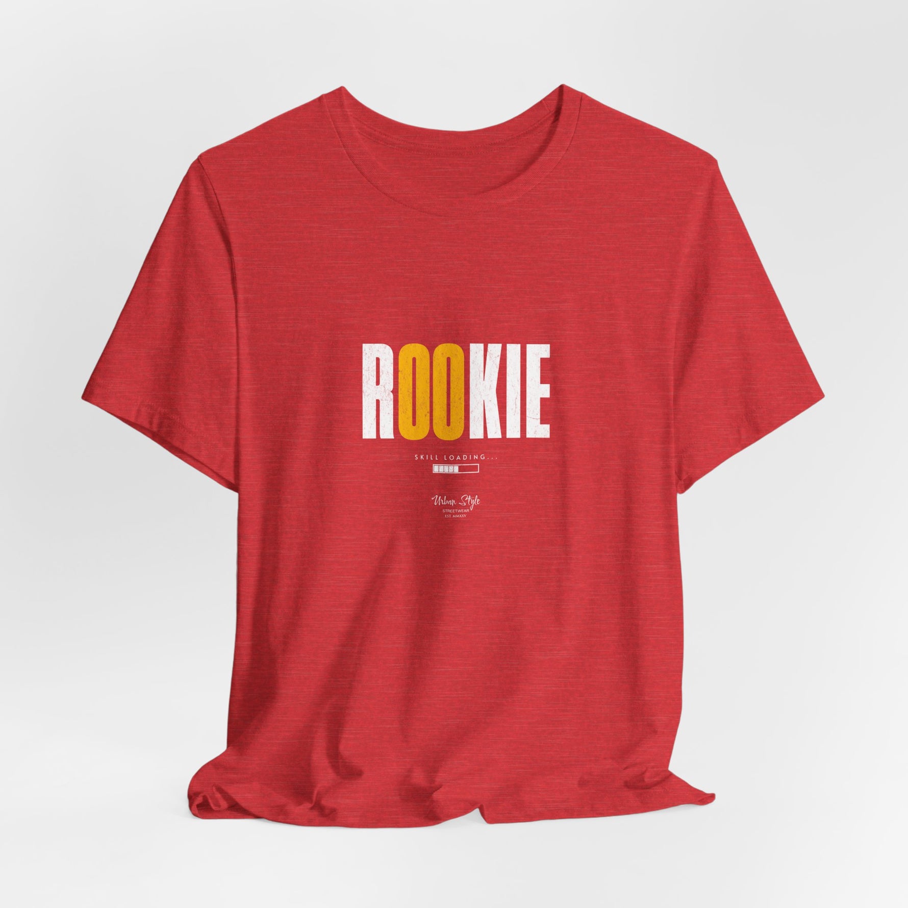 The ROOKIE t-shirt in Heather Red — mistakes might bleed, but lessons stick.