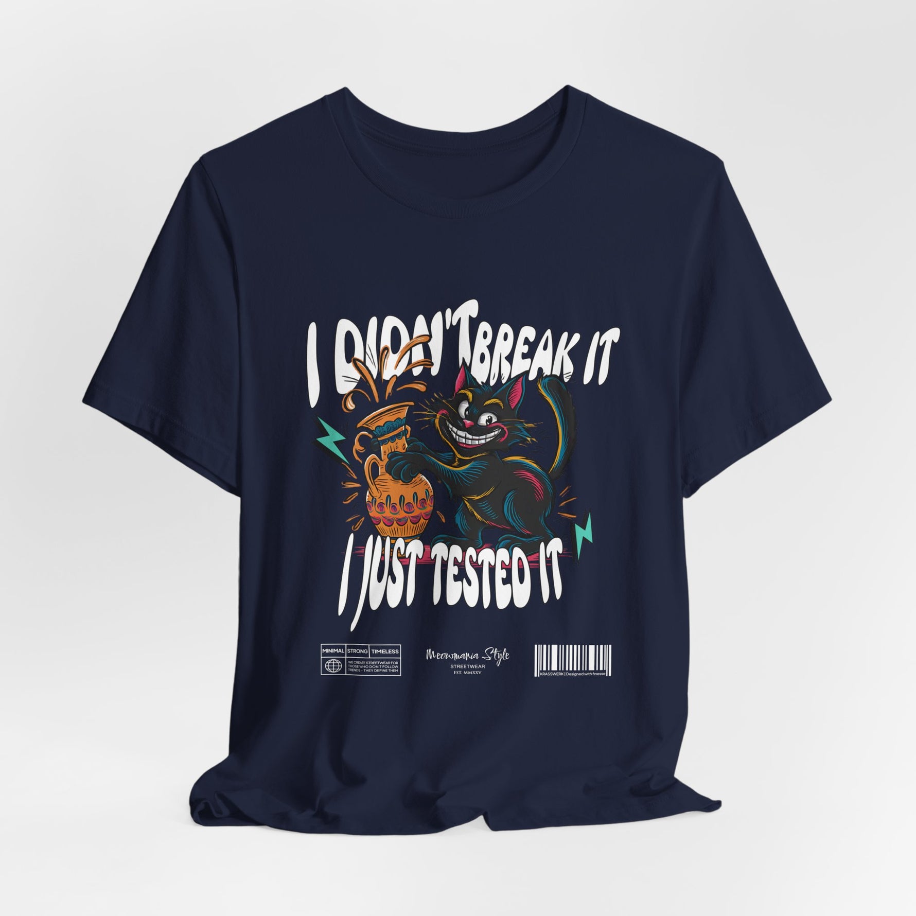 The I Just Tested It t-shirt in navy — a classic deep blue that grounds the vivid colors of the design with clean contrast.