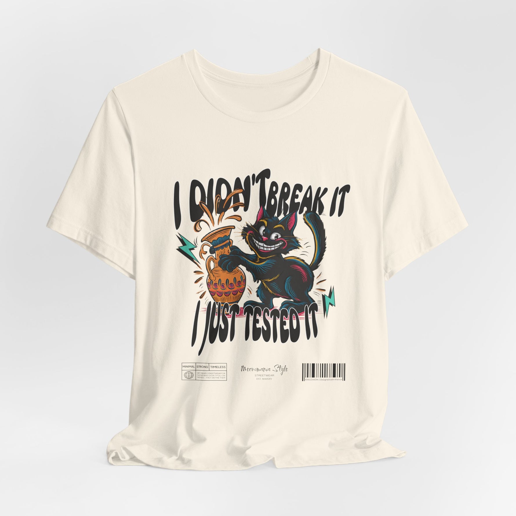 The I Just Tested It t-shirt in natural — a creamy off-white that complements the retro color palette of the design.