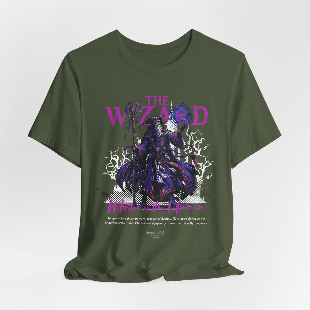 The Wizard t-shirt in Military Green — A warlock’s mantle from forest campaigns.