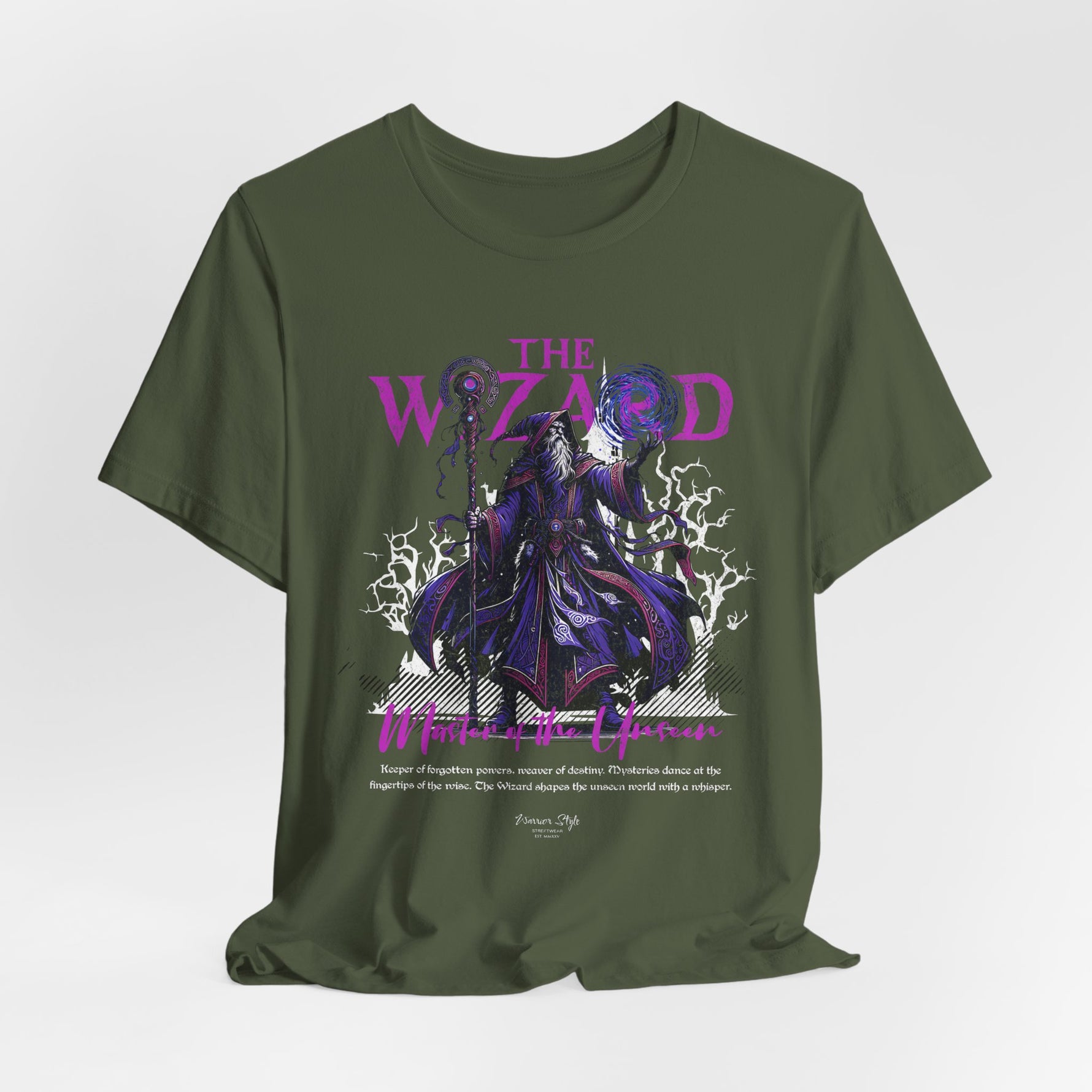 The Wizard t-shirt in Military Green — A warlock’s mantle from forest campaigns.