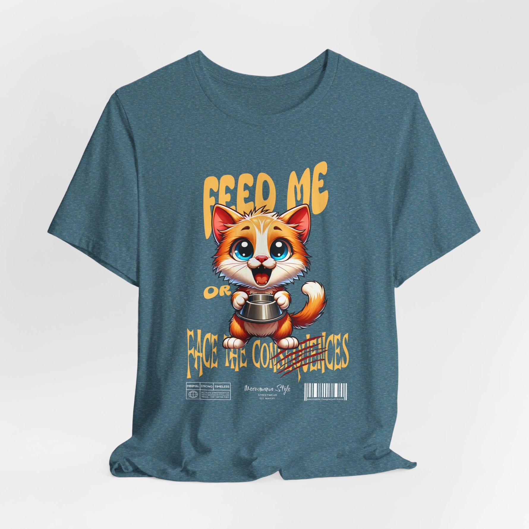 The FEED ME t-shirt in heatherdeepteal — cool and snarky, perfect for passive-aggressive hunger signals.