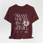 The MANY VOICES t-shirt in Maroon — Deep and uneasy — like thoughts you can't shut off.