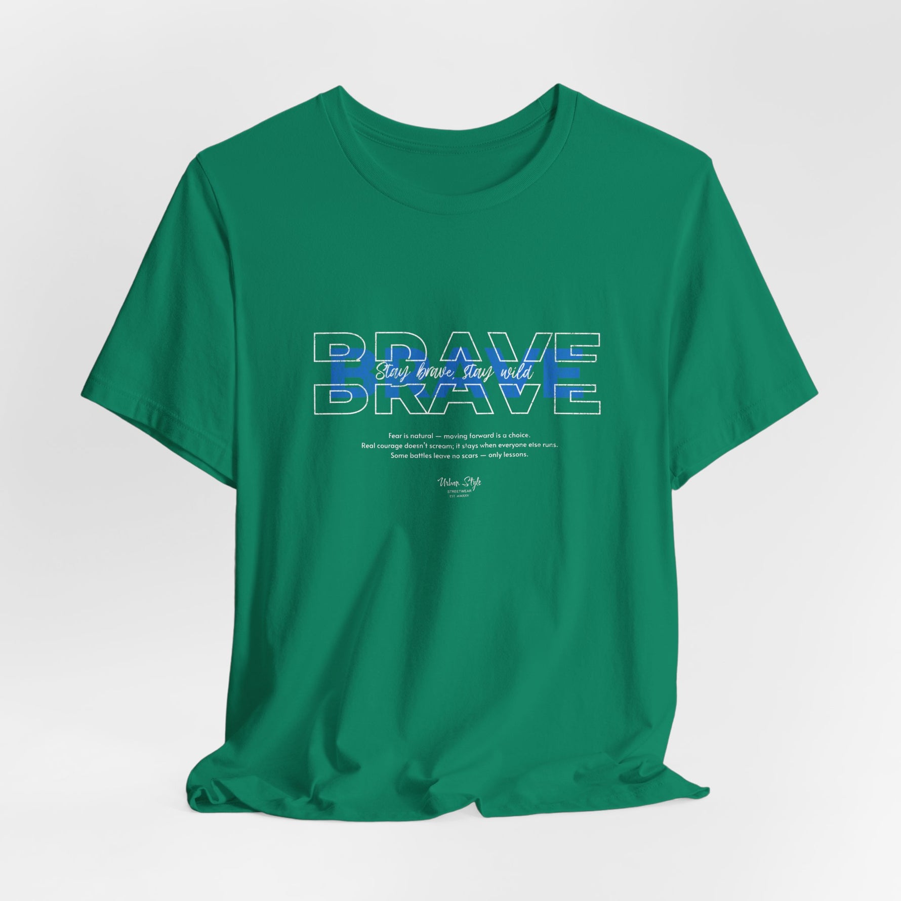 The BRAVE t-shirt in Kelly — fresh resolve in every step, bold and forward.
