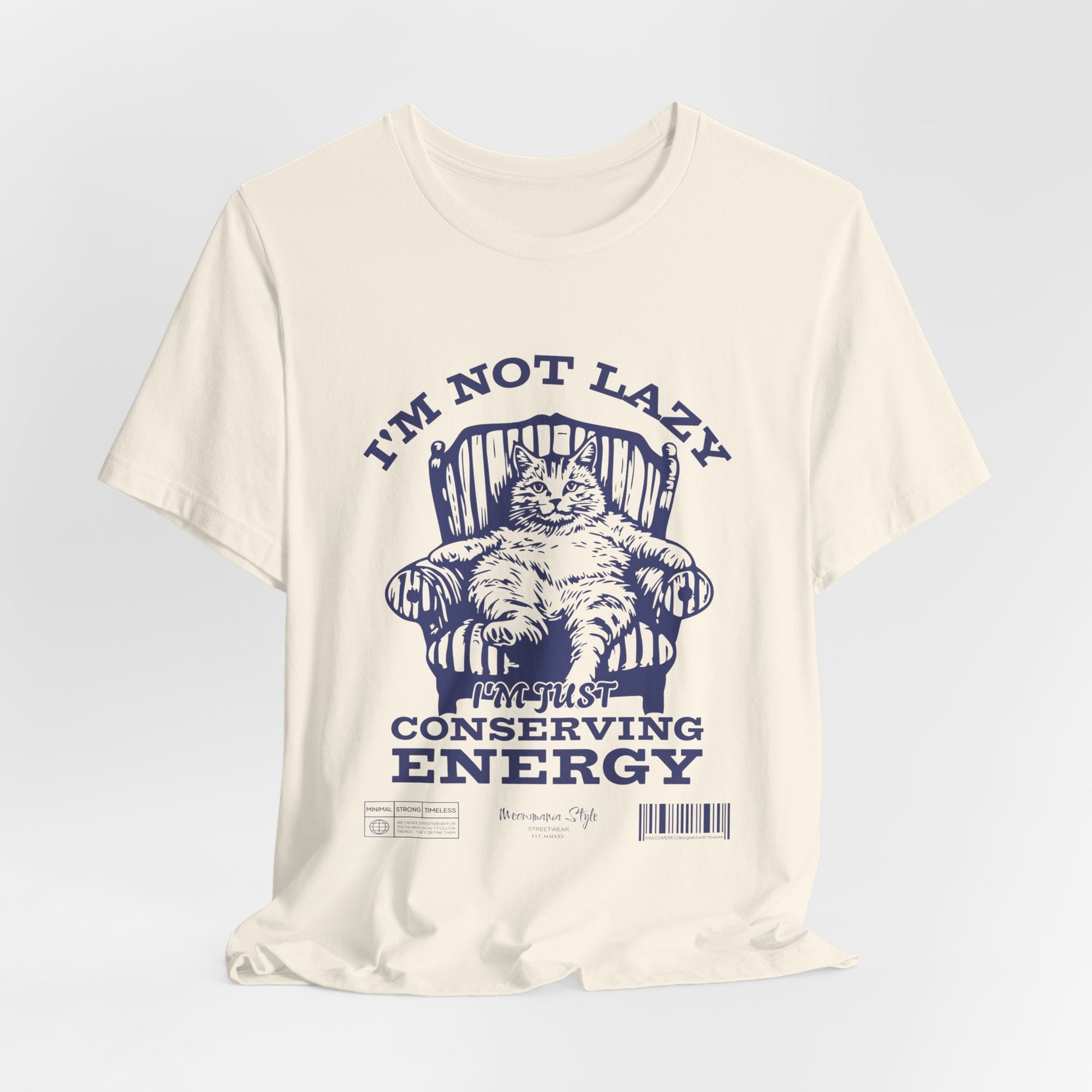 The I'M NOT LAZY t-shirt in Natural — soft neutral tone suits the vintage blue print.