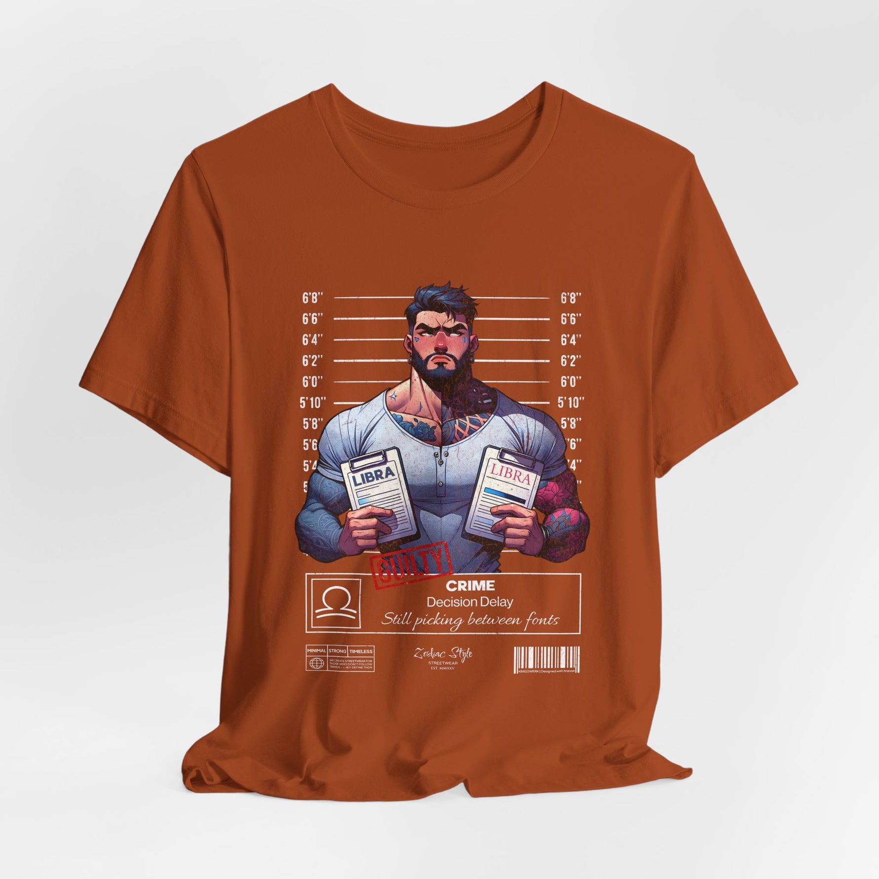 3D mockup of the LIBRA t-shirt in Autumn — warm brownish-orange tone. NO BACKGROUND. NO MODEL.