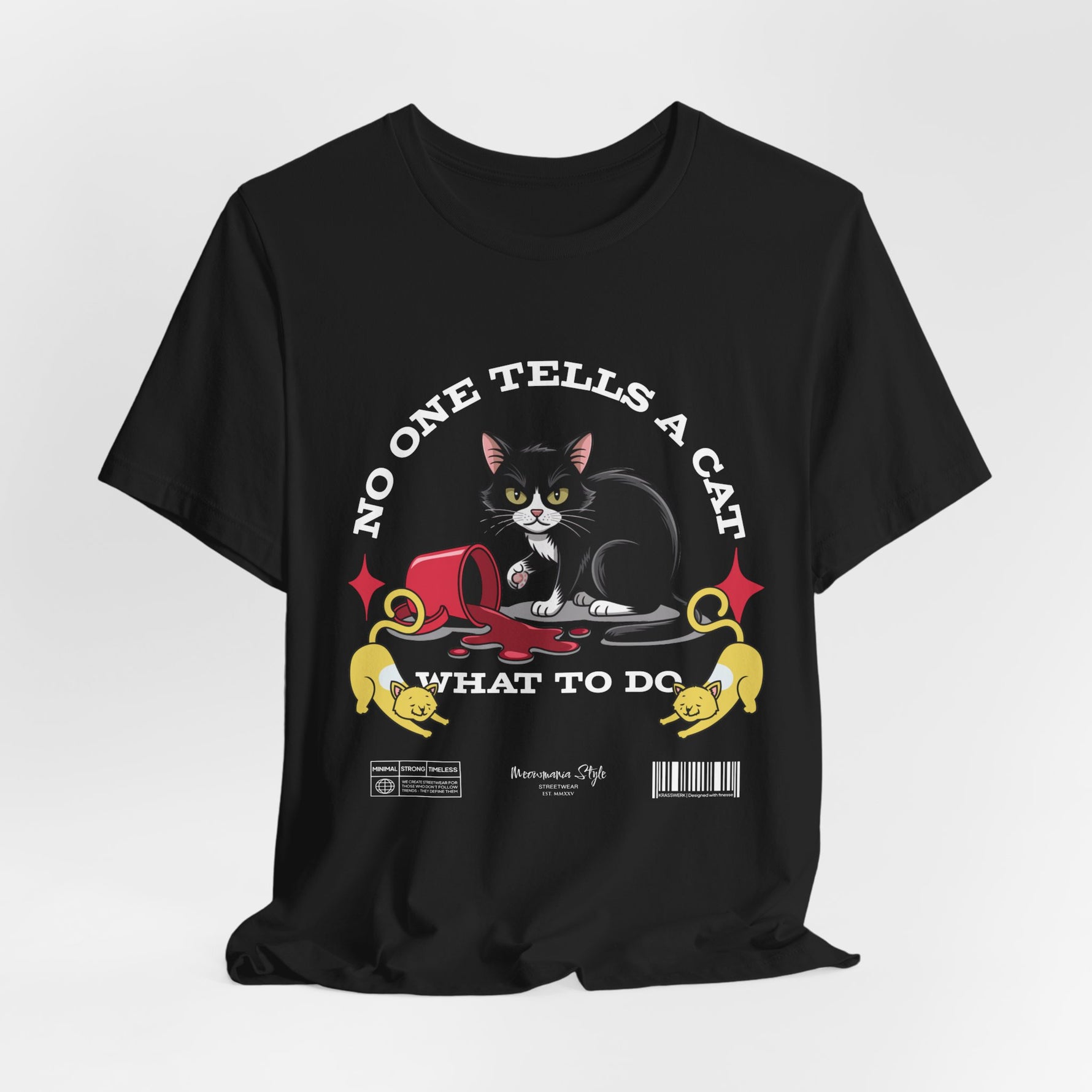 The No One Tells a Cat t-shirt in black — ghost mockup showing a deep black fabric tone with no background or model.