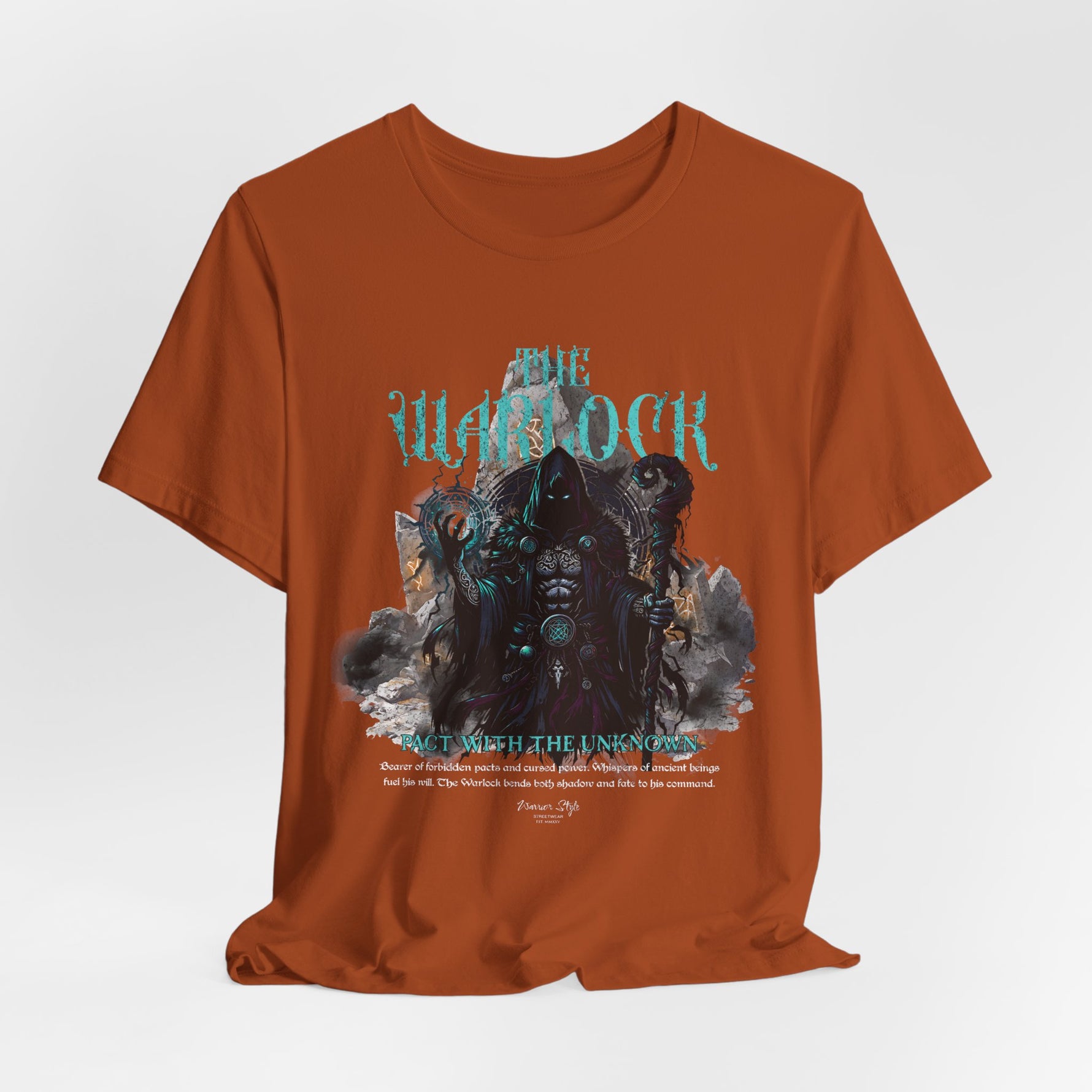 The Warlock t-shirt in Autumn — A cursed pact sealed beneath fallen leaves.