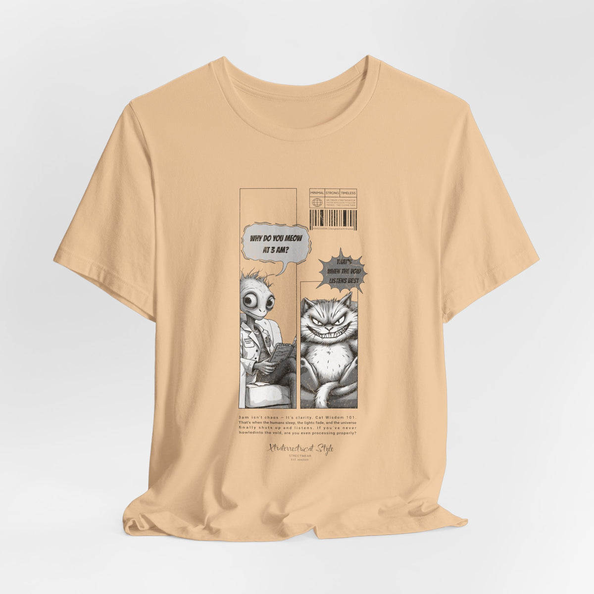 The MEOW 3AM t-shirt in Sand Dune — 3D mockup with a warm beige color shirt, plain and background-free.