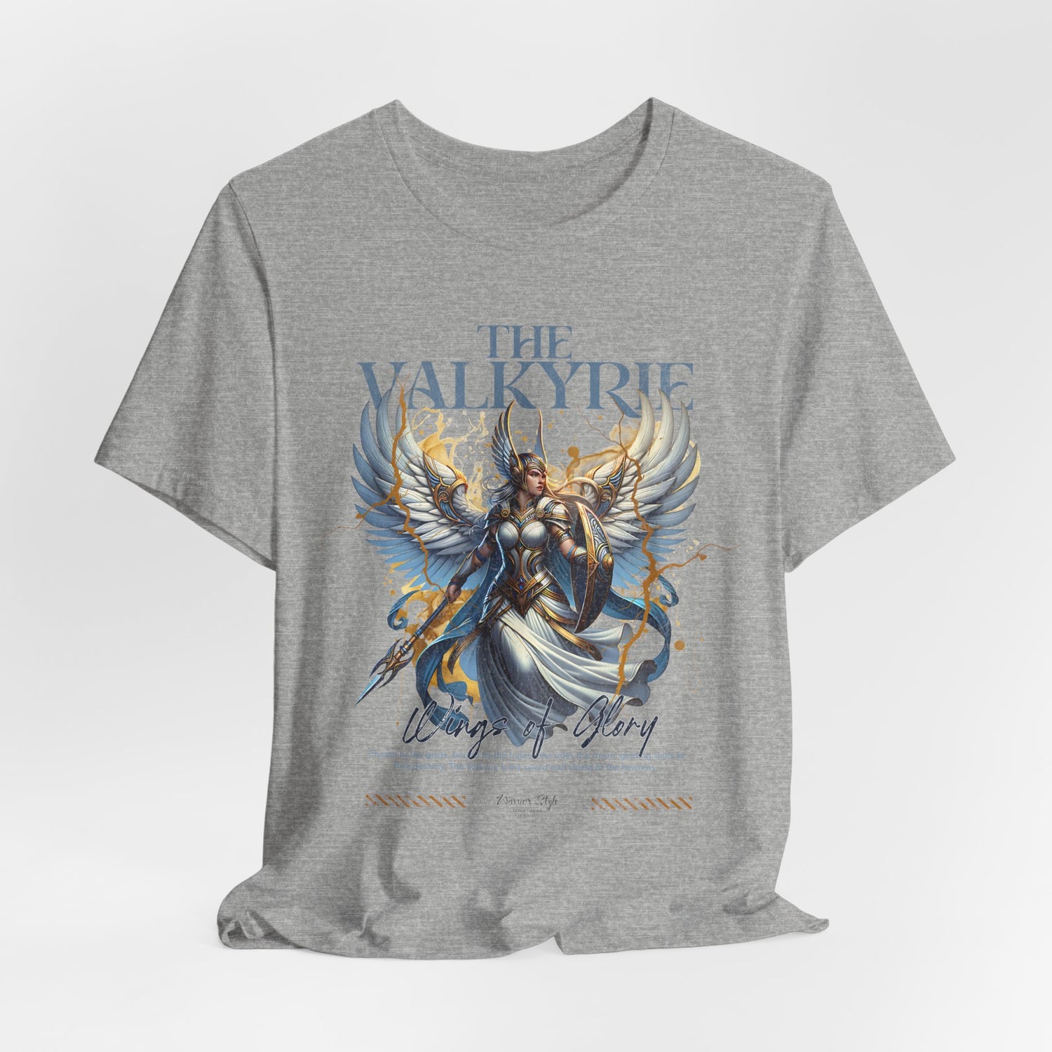 The VALKYRIE t-shirt in Athletic Heather — silver steel against motion, light and lethal.