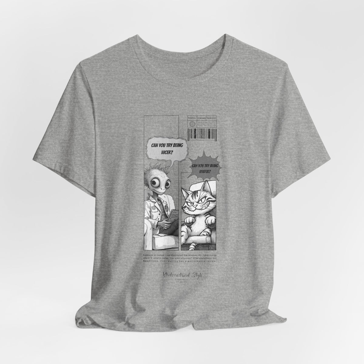 The BEING NICER t-shirt in athleticheather — light grey canvas for heavy irony.