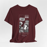 The FEEL REMORSE? t-shirt in maroon — 3D mockup, deep burgundy red, no background, no model.