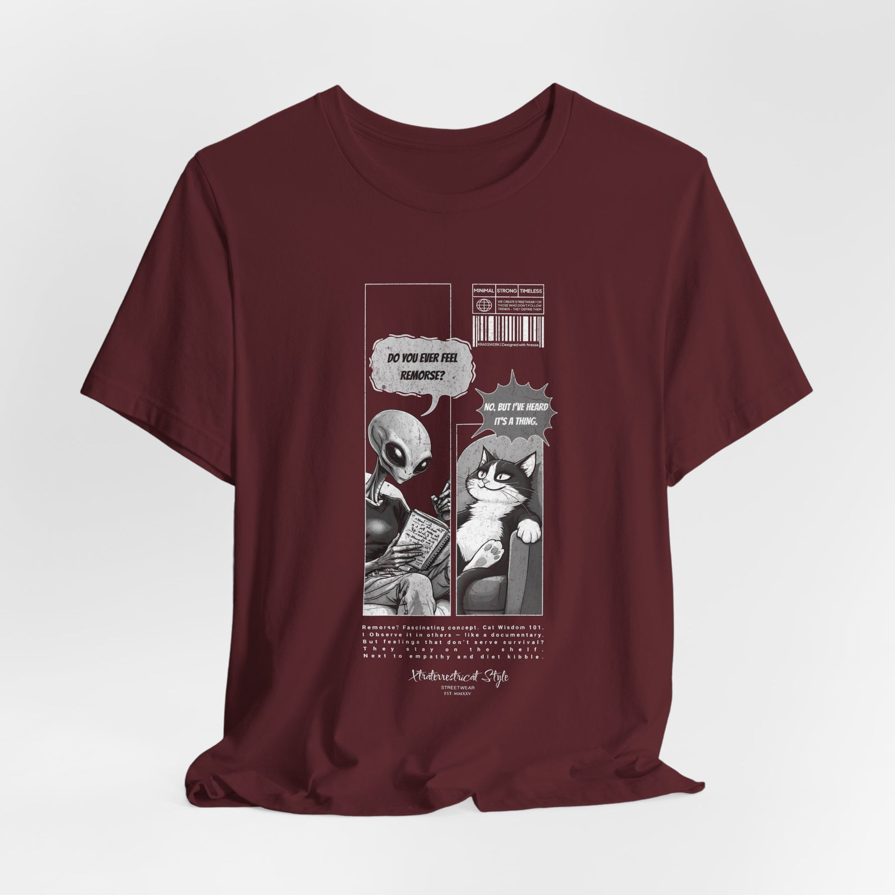 The FEEL REMORSE? t-shirt in maroon — 3D mockup, deep burgundy red, no background, no model.