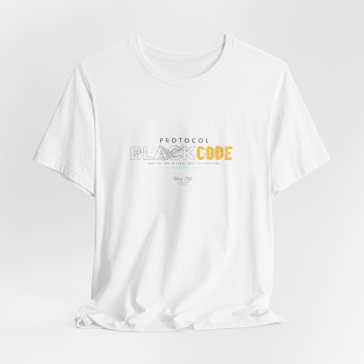 The PROTOCOL BLACKCODE t-shirt in White — looks pure. Acts rogue. 3D mockup of a clean white t-shirt with no model and no background.