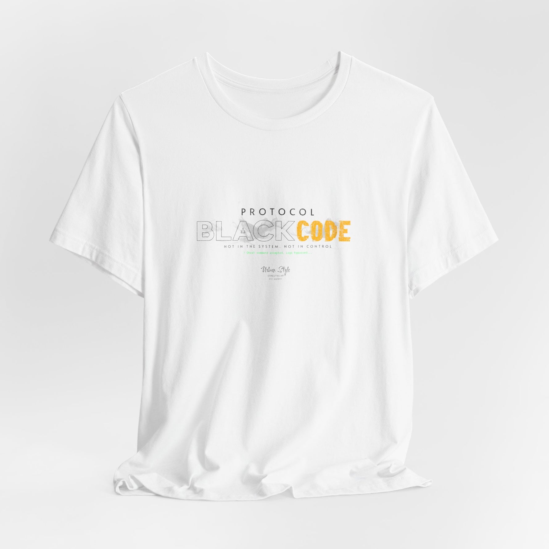 The PROTOCOL BLACKCODE t-shirt in White — looks pure. Acts rogue. 3D mockup of a clean white t-shirt with no model and no background.