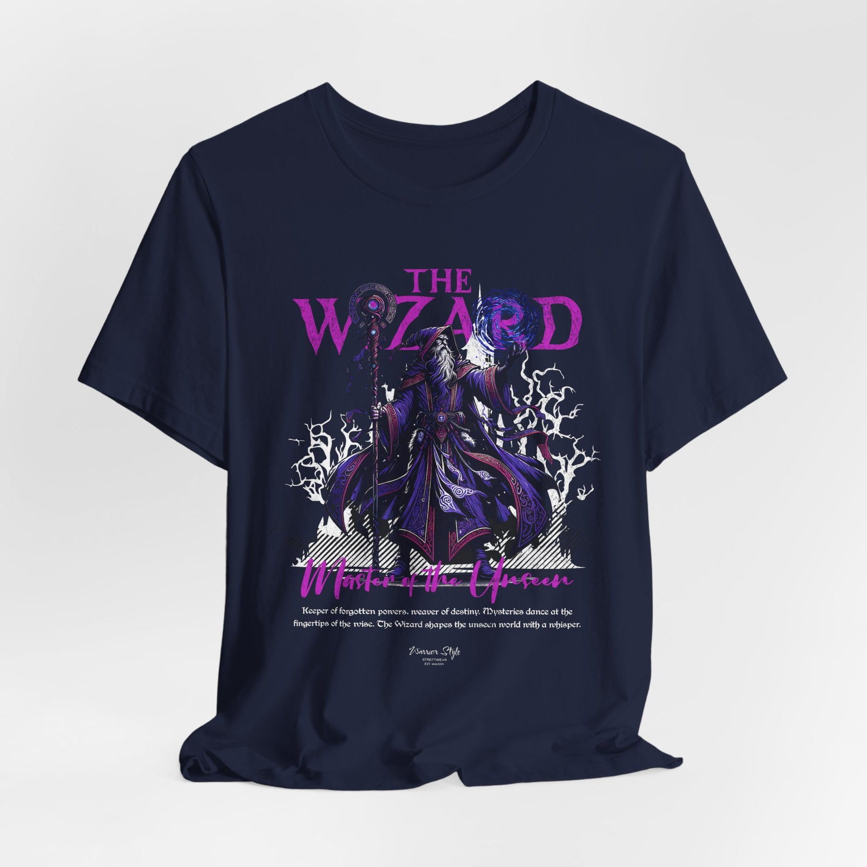 The Wizard t-shirt in Navy — Depths of wisdom bound in ancient blue.