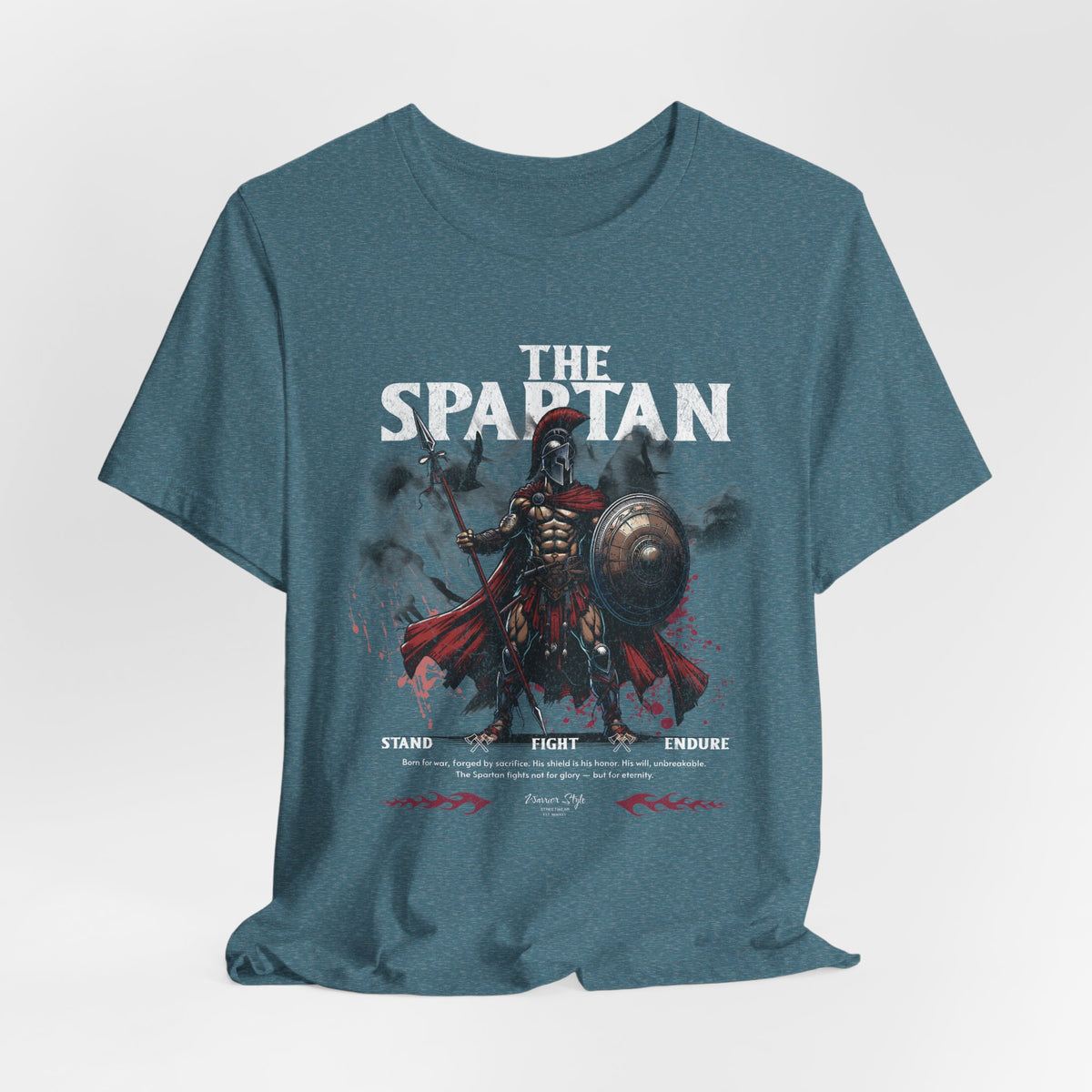 The SPARTAN t-shirt in Heather Deep Teal — depth and grit, like war beneath the waves.