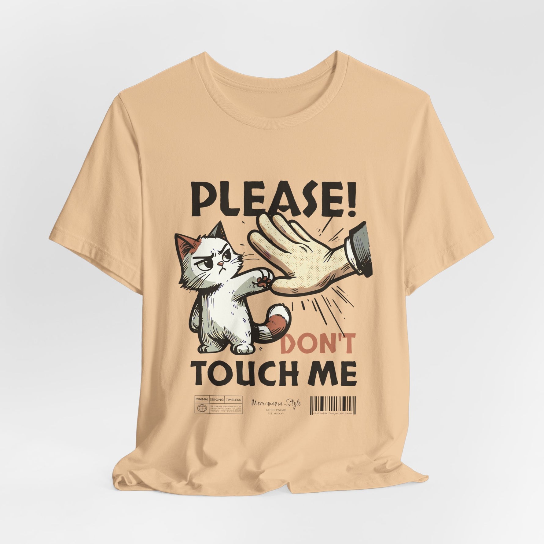 The PLEASE! DON’T TOUCH ME t-shirt in Sand Dune — a dry sense of humor in desert tones.