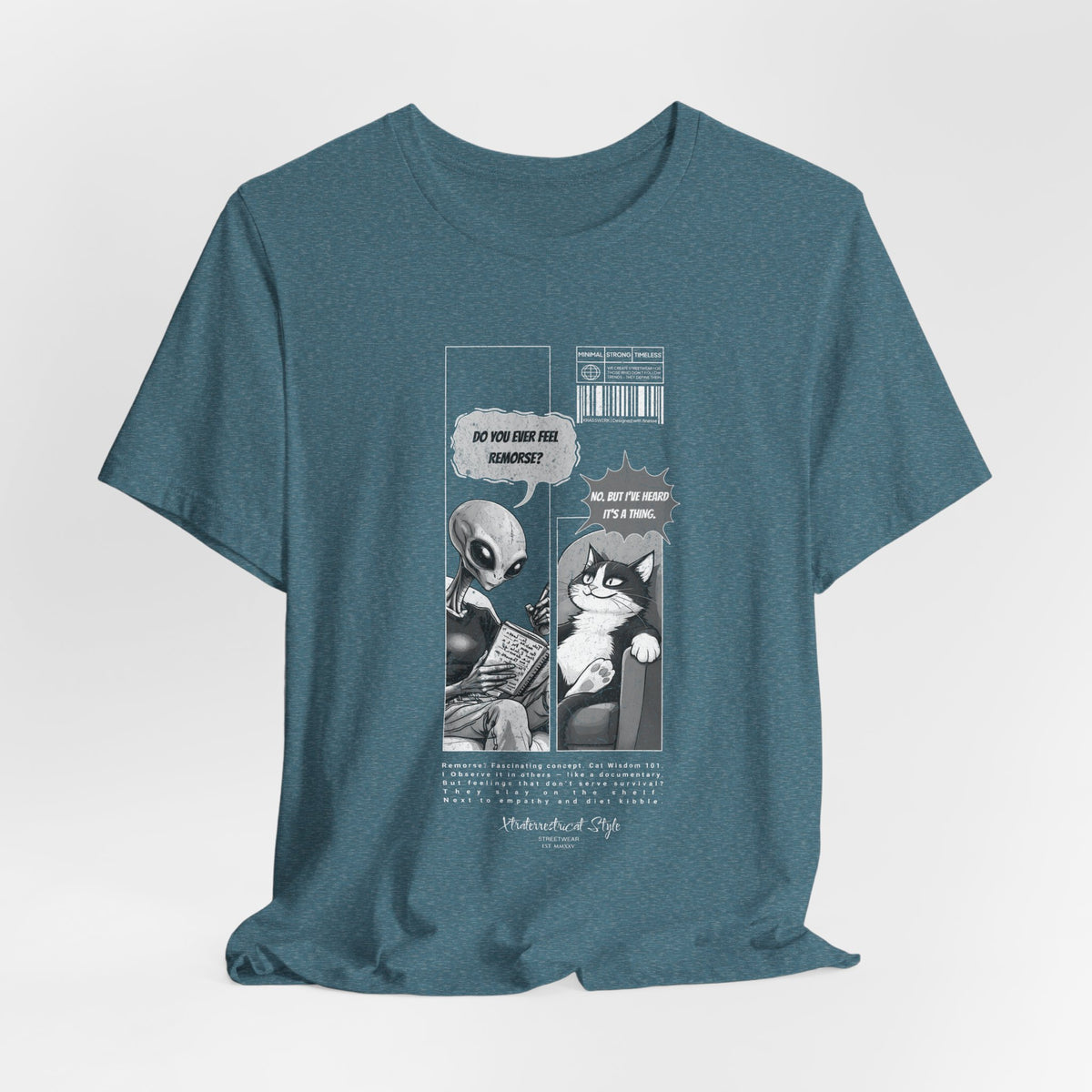 The FEEL REMORSE? t-shirt in heather deep teal — 3D mockup, rich blue-green mix, no background, no model.