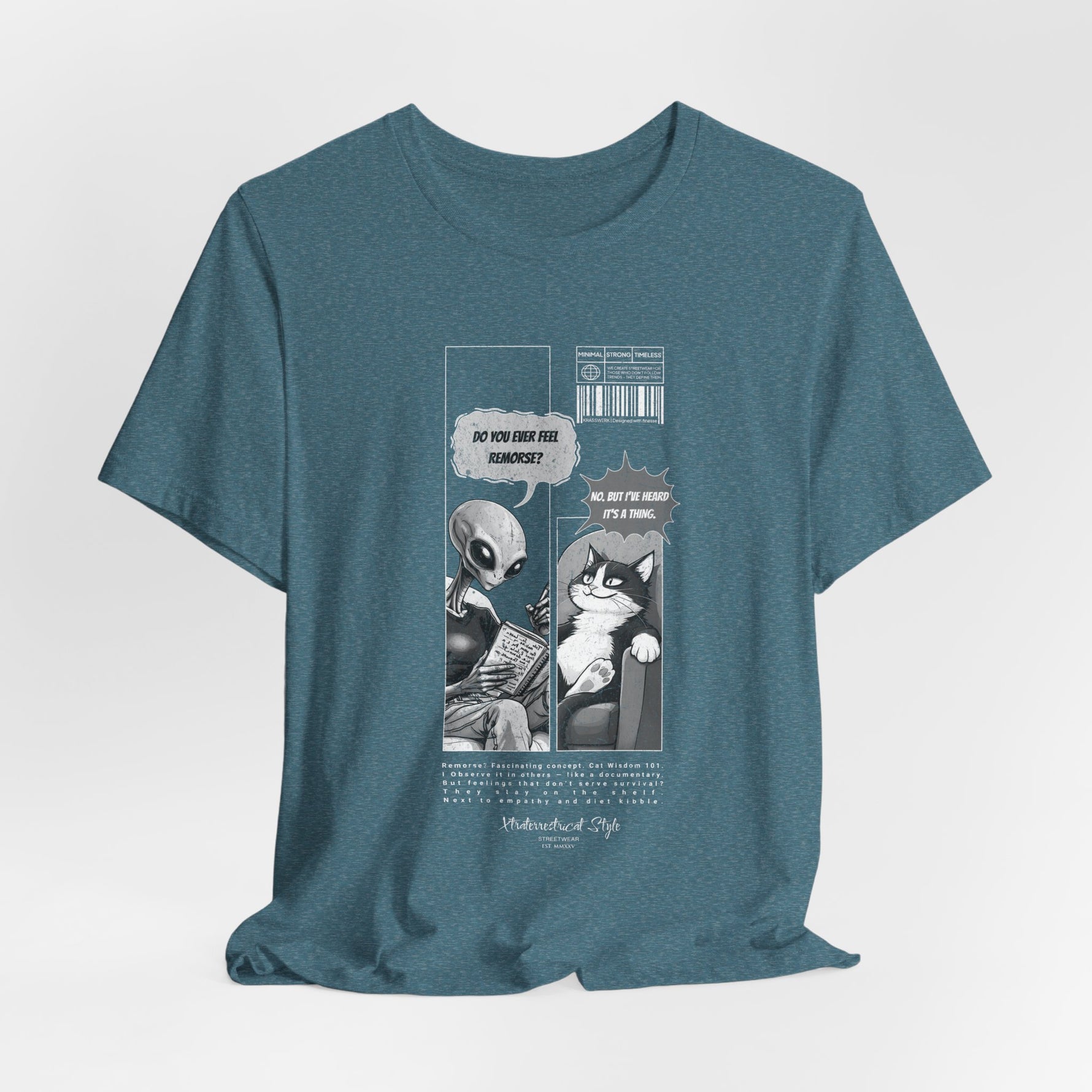 The FEEL REMORSE? t-shirt in heather deep teal — 3D mockup, rich blue-green mix, no background, no model.