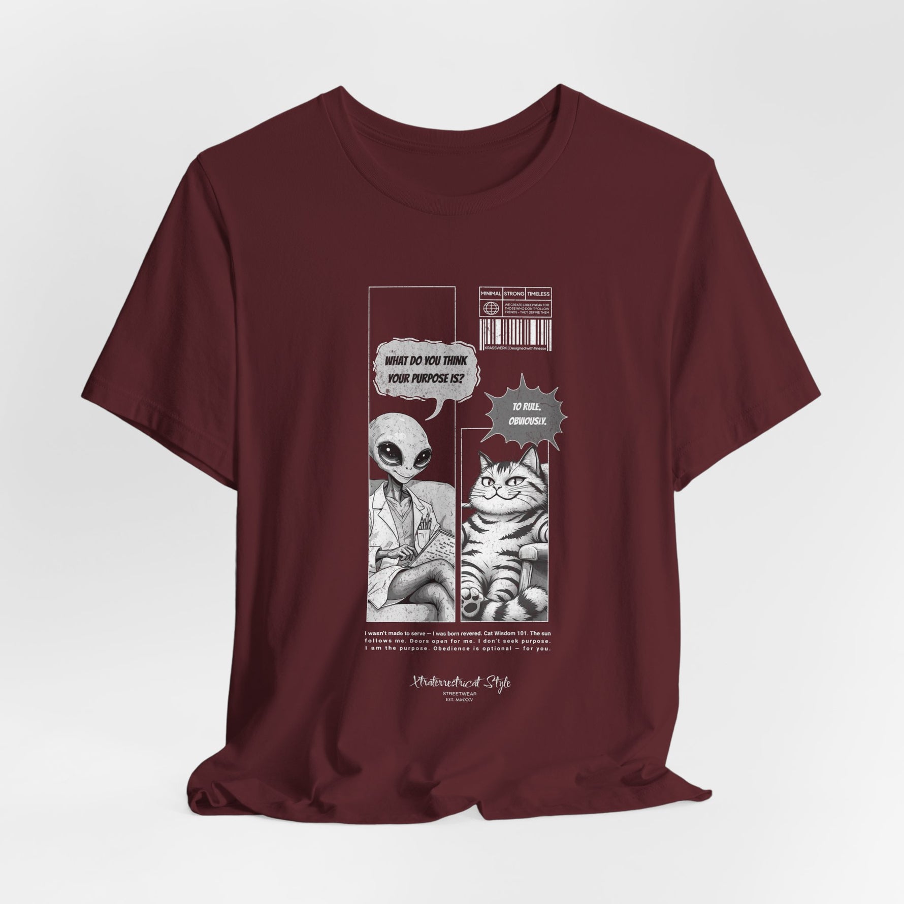 The TO RULE t-shirt in Maroon — rich maroon tones offer a dramatic backdrop for the comic artwork.