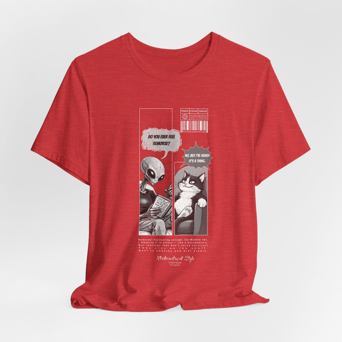 The FEEL REMORSE? t-shirt in heather red — 3D mockup, muted crimson shade, no background, no model.