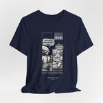 The CARDIO t-shirt in Navy — 3D preview in a dark navy blue color, comic art centered. Model-free and background-free.