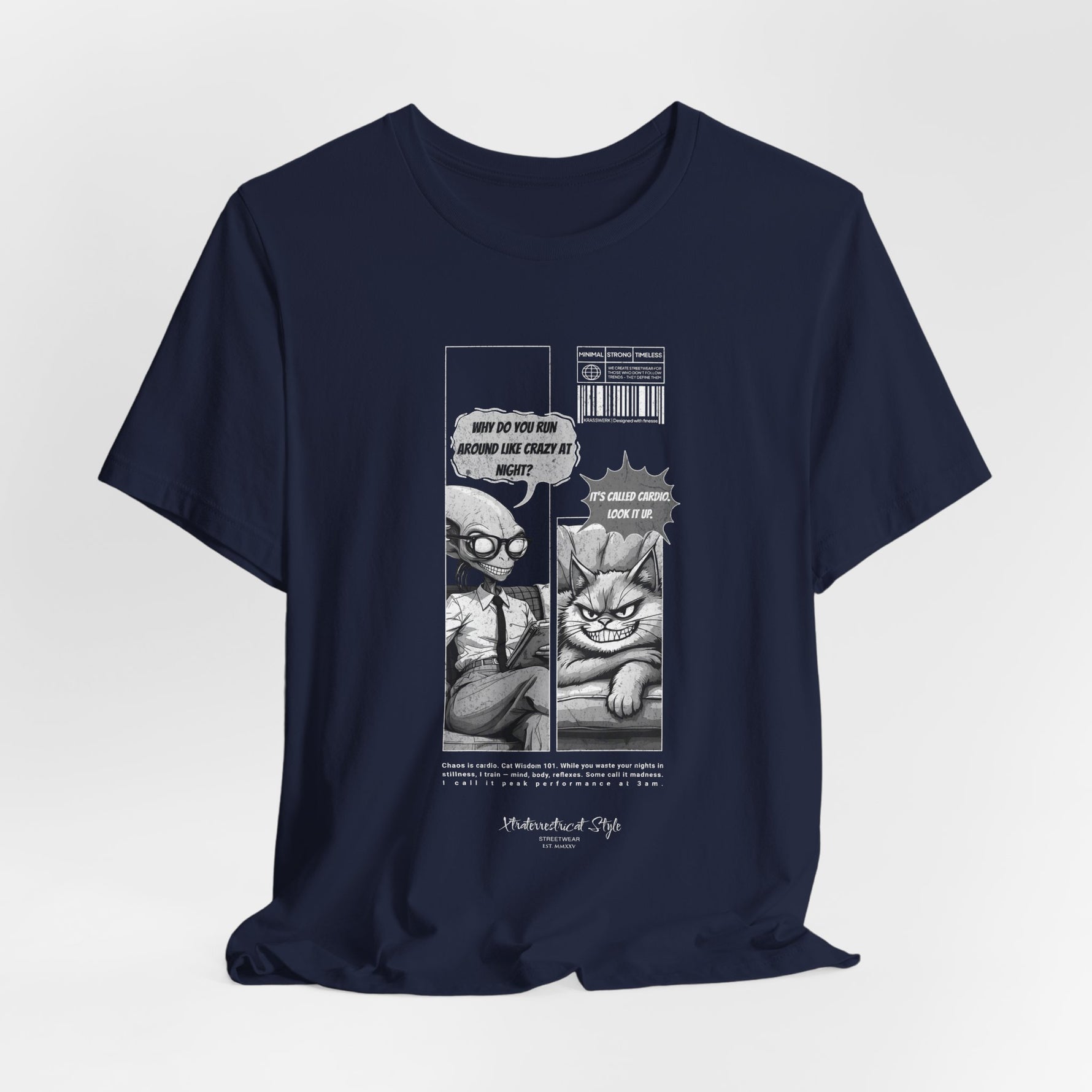 The CARDIO t-shirt in Navy — 3D preview in a dark navy blue color, comic art centered. Model-free and background-free.