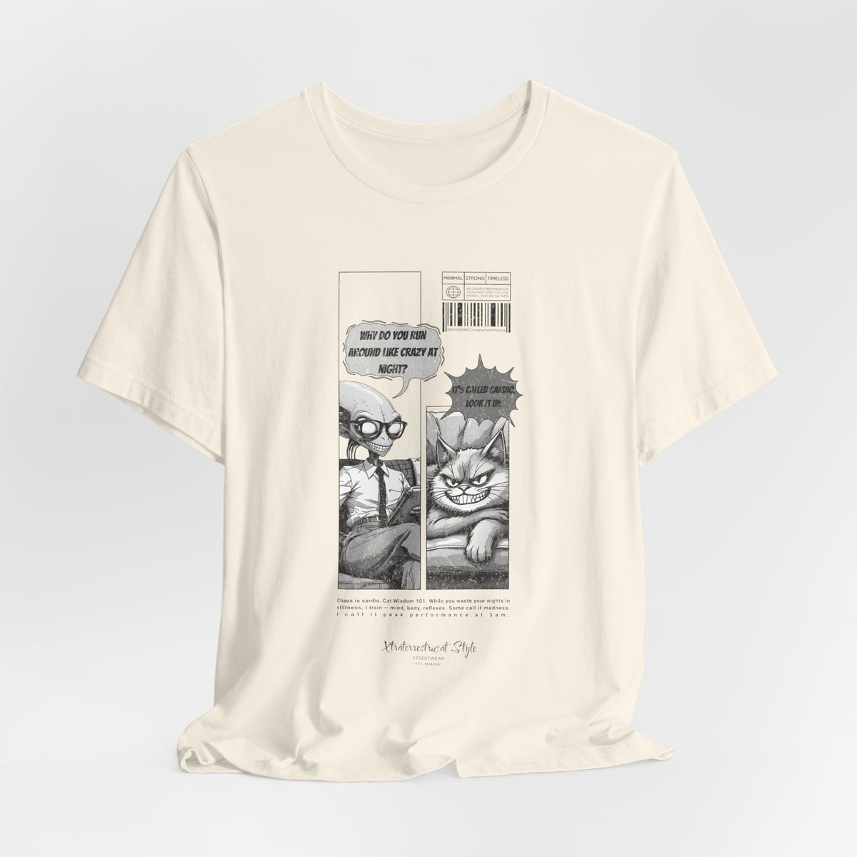 The CARDIO t-shirt in Natural — 3D mockup of the creamy off-white Natural color. Alien and cat comic printed at chest. Model-free.