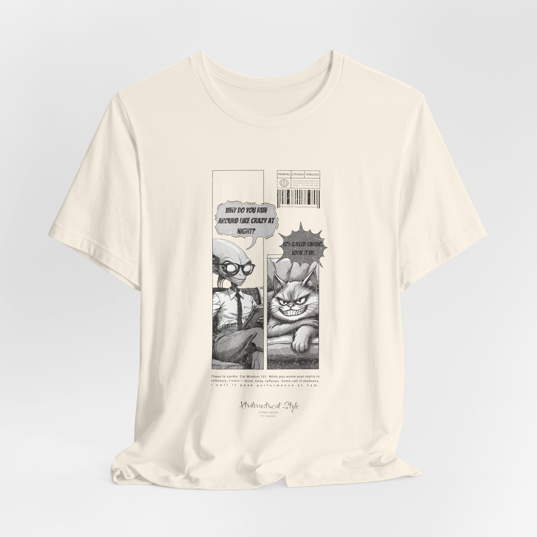 The CARDIO t-shirt in Natural — 3D mockup of the creamy off-white Natural color. Alien and cat comic printed at chest. Model-free.