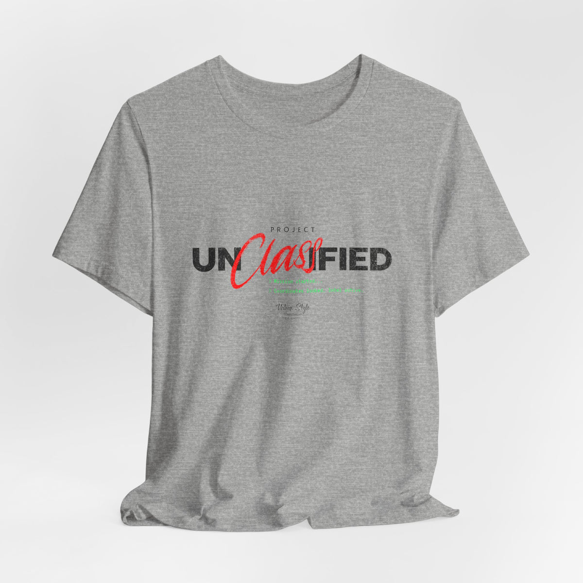 The PROJECT UNCLASSIFIED t-shirt in athleticheather — 3D mockup of shirt in light athletic heather grey, no background, no model.